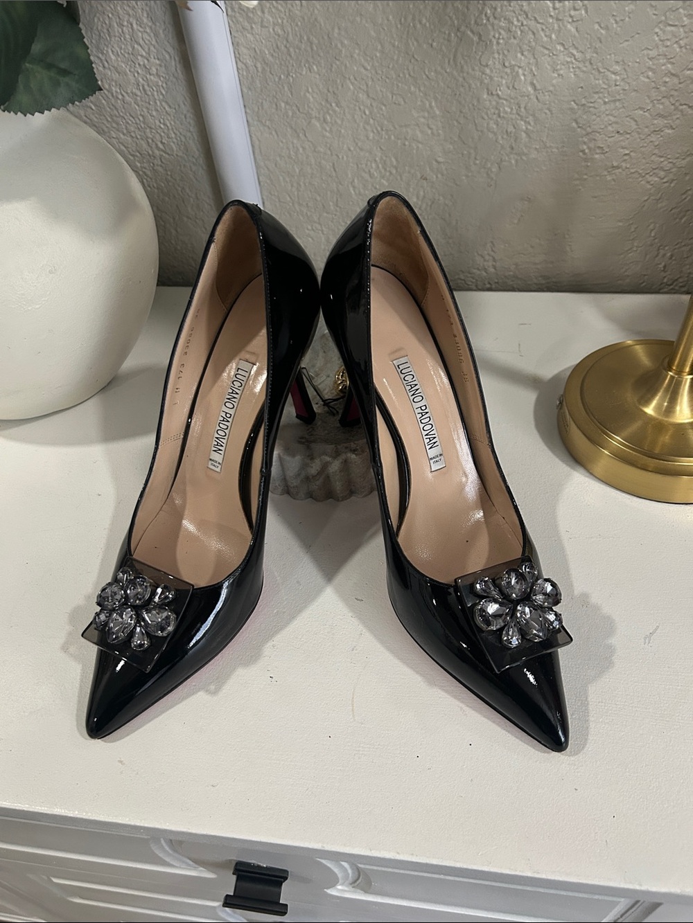 Luciano Padovan Black Patent Crystal-Embellished Pointed Toe Pumps